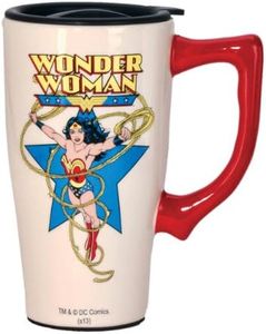 Spoontiques - Ceramic Travel Mugs - Wonder Woman Cup - Hot or Cold Beverages - Coffee Lovers