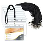50 Pack Clear Plastic Horizontal Name Tags Badge ID Card Holders and 50 Pack Flat Neck Lanyards with Swivel Hook, Black