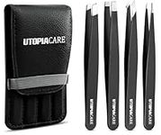 Utopia Care Professional Stainless Steel Tweezers Set (4-Piece) – Precision Tweezers for Ingrown Hair, Facial Hair, Splinter, Blackhead and Tick Remover - Black