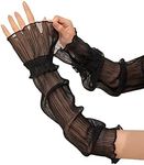 GORGLITTER Women's Mesh Sheer Ruched Arm Sleeves Ruffle Hem Gloves Black One Size