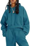 Flygo Womens Fleece 2 Piece Outfits Sweatsuit Crop Pullover Sweatshirt Joggers Pants Tracksuit Set(Teal-Small)