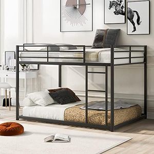 Olela Full Over Full Bunk Beds for Kids,Floor Bunk Bed for Boys Girls Teens Adults,Low Metal Bed Frame with Ladder (Black-Bunk Bed)