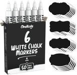 Liquid Chalk Marker Pen - White Dry Erase Chalk Markers for Chalkboard Signs, Windows, Blackboard, Glass - 6mm Reversible Tip (6 Pack) - 50 Chalkboard Labels Included