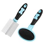 tonyg-p Dog Grooming Brush Comb Kit, Soft Slicker Brush + Double Sided Grooming Comb for Small Medium Large Pets with Long Hair (Blue)