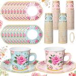 Umigy 36 Sets Tea Party Decorations 6.5oz Floral Paper Tea Cups with Handle and Plates Disposable Blossom Teacups and Saucers Sets with Tape for Hot Cold Drink Birthday (Cute Style)