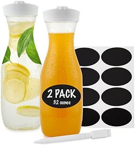Plastic Juice Carafe with Lids (Set of 2) 32 oz Carafes for Mimosa Bar, Drink Pitcher with Lid, Water Bottle, Milk Container, Clear Beverage Containers for Fridge, Pantry Storage, Round Pitchers