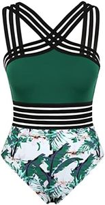 Hilor Women's Sexy One Piece Swimsuits Twist Front Swimsuits Vintage Bathing Suits Monokinis Green&Leaves XXL/US16
