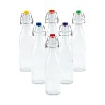 simpa Vintage Style Clear Glass Bottles with Assorted Colour Swing Top Lids. Square 500ml Bottles - Set of 6