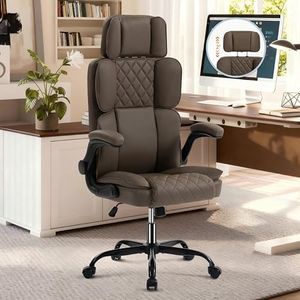 Office Chair with Adjustable Headrest - Executive Leather Desk Chair for Home Office, with Flip-Up Arms & Ergonomic Lumbar Support, Perfect for Work and Study, Brown