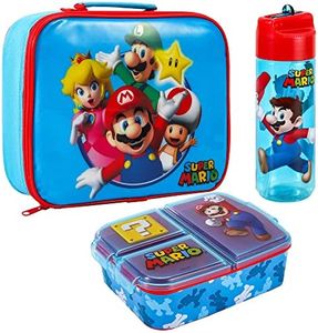 Zawadi Global Super Mario Kids Childrens Lunch Box Set – Insulated Lunch Bag, Multicompartment Lunch Box & 540ml Water Bottle - School Travel Lunch Food Set, BPA Free
