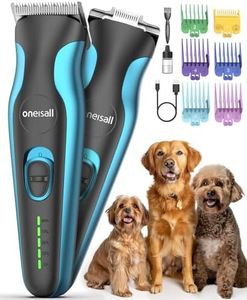 oneisall Dog Clippers and Paw Trimmer Dual Blade Grooming Kit, Cordless 2500 mAh Dog Grooming Clippers with Metal Blade, Low Noise Pet Clippers Trimmer for Small Large Thick Hair Dogs