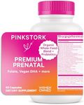 Pink Stork Premium Prenatal Vitamin for Women - Organic Whole-Food Ingredients, Multivitamin & Probiotics - Morning Sickness, Digestion, & Energy - Folate, B6, & Iron - 60 Capsules