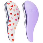 Crave Naturals Glide Thru Detangling Hair Brushes for Adults and Kids Hair - Detangler Hairbrush for Curly, Straight, Wet or Dry Hair - Hair Brushes for Women - 2 Pack - Pink Hearts and Purple