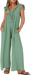 ZESICA Women's Summer Loose Jumpsuit Casual V Neck Sleeveless Oversized Wide Leg Pant Overalls Romper with Pockets,Green,Small