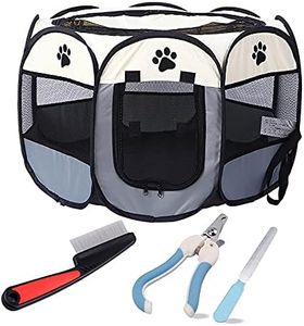 Pet Playpen, Breathable Pet Cage Tent for Indoors and Outdoors, Foldable Waterproof Scratch Portable Exercise Pet Fence, Pen Tent House Playground for Dogs and Cats (Medium(91*91*58CM), Beige+Grey)+Free pet nail clippers and pet combs