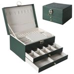 Jewelry Box for Women Girls, 3 Layer Large Jewelry Organizer Box With Lock Vintage PU Leather Jewelry Storage Case with Removable Tray for Rings Earrings Necklace Bracelets, Green