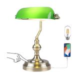 Liylan Green Glass Bankers Lamp,Vintage Desk Lamp Touch Control, 3 Way Dimmable Table Lamp with USB Charging Port, Mid Century Banker's Desk Lamp for Home Office Library Antique Brass