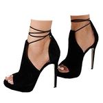 Womens Peep Toe Platform Heels Sexy Sandals Strappy Lace Up Tie Stilettos Dress Pumps Shoes, 1-black, 8