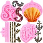 Mujiang Pirate Rope Hook Silicone Mold Anchor Rudder Fondant Molds Tentacles Octopus Molds Clam Shell Candy Mold for Cake Decorating Polymer Clay Chocolate Gum Paste Set of 4