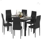 Jooli H Dining Table and Chairs Set 6, Modern Glass Table with 6 High Back Faux Leather Chairs for Home Office Use (Black)