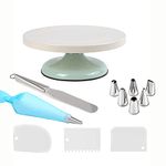 Rotating Cake Decorating Turntable Stand, Yizish Revolving Cake Plate with 3 Cream Scraper, Nozzles Tips Set, Stainless Steel Icing Spatula for for Baking, Pastry Icing Patterns Cyan