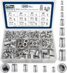 Vifmy Metric & SAE Rivet Nut Assortment Kit(300 Pcs), M3 M4 M5 M6 M8 M10 M12#8-32#10-24 1/4"-20 5/16"-18 3/8"-16 304 Stainless Steel Rivnut Set UNC Flat Head Nutsert