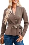 GRACE KARIN Women's Cardigan Blazer Long Sleeve Button Down Sweater Jacket Open Front Belt Sweater Coffee 2XL