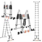 DEZEX A Frame 16.5 FT Telescoping Ladder,Aluminum Extension Ladder with Balance Bar,Wheels and 2 Triangle Stabilizers,330lbs Capacity Collapsible Telescopic Foldable Ladder for Home Outdoor