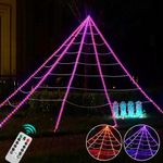 Maxee 390 LED Halloween Spider Web Lights Decor, 5m Giant Net Lights with 26m Light Chain & Remote Control (8 Light Modes & Timer), Net Lights Decoration for Garden Indoor Outdoor - Purple+Orange