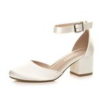 AJVANI Low mid Block Heel Ankle Strap Court Shoes Sandals Size 5 38 Ivory Satin