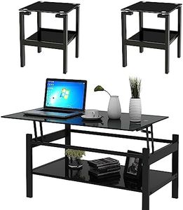 Sybrioka Black Glass Coffee Table End Table Sets of 3 for Living Room, Mordern Lift Top Coffee Table Sofa Side Tables, Rectangle Tempered Glass Lift Tabletop Furniture Set (Black Lift Top)