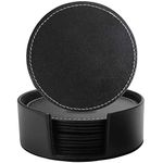 Leather Coasters Set of 6 with Holder- Protect Furniture from Water Marks & Damage, PU Leather Drink Coasters Cup Mat (Black-Round)