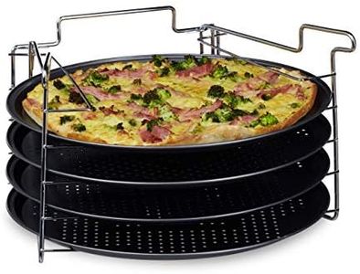 Relaxdays Pizza Tray Set of 4 H x W x D: 20 x 32 x 32 cm Pizza Maker Set with 4 Baking Trays and Stand as Pizza Baking Tray and Tarte Flambée Tray Round Pizza Baking Tray with Non-Stick Coating,