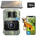 Wildlife Camera WiFi Bluetooth, 48MP 30fps Solar Infrared Trail Camera with Night Vision Motion Activated 0.2s Trigger Trail Cam with 32GB SD Card, 2000mAh Battery Rechargeable for Wildlife Scouting