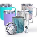 THILY Vacuum Insulated Travel Coffee Mug 350 ml Stainless Steel Coffee Cup with Handle, Spill-Proof Lid, Keep Coffee Cold or Hot, Blue Swirl