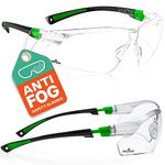 NoCry Clear Safety Glasses for Work with Anti Fog Scratch Resistant Wrap-Around Lenses and Non-Slip Grips, UV Protection. Adjustable Eye Protection Cycling and Squash Glasses with Black & Green Frames