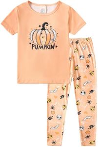 MyFav Halloween Girl Pajamas Set Cute PJS Short Sleeve Long Pants Sleepwear Crew Neck Kid PJS Night Clothes,Light Orange,8Y