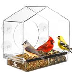 Deluxe Clear Window Bird Feeder, Large Wild Birdfeeder with Drain Holes, Removable Tray, Super Strong Suction Cups, Transparent Viewing, Covered, High Seed Capacity, Rubber Perch