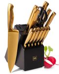 Black and Gold Knife Set with Block - 14 Piece Gold Knife Set with Sharpener Includes Full Tang Gold Knives and Self Sharpening Knife Block Set - Black and Gold Kitchen Accessories Décor