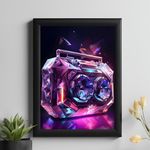 Master Flame Ai Aesthetic Wall Art Poster for Living Room, Home & Wall Decor - Poster without frame Psychedelic Car Bike Gaming Music Dog Cat Horse (Futuristic Crystal Boombox, A3 FRAMED)