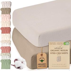 Infancie 100% Organic Cotton Muslin Crib Sheets Set of 2 – Soft & Breathable Fitted Sheets for Boys and Girls, Neutral Colors – Fits Standard Baby Crib Mattress 28 x 52 Inches Olive/Ivory, Crib Sheet