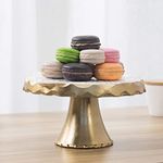 MyGift 8-inch Round Gold Tone Aluminum Pedestal Cake Stand with White Top, Dessert Riser Cupcake Holder Stand - Handcrafted in India