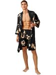 SOLY HUX Men's Long Sleeve Silk Sleepwear Satin Kimono Robe with Shorts Pajamas Set, Black, Large