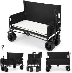 Goplus 2-in-1 Wagon Bench Seat Combo, Collapsible Folding Beach Cart w/Adjustable Push/Pull Handle, Soft Cushions & All-Terrain Wheels, Heavy Duty Foldable Outdoor Wagon for Camping Sports (Black)