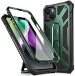 Poetic Spartan Case Designed for iPhone 14, Full Body Rugged Premium Leather Texture Shockproof Protective Cover with Kickstand, Metallic Green