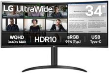 LG Electronics Curved UltraWide Monitor 34WR55QK, 34 inch, 1440p, 100Hz, 5ms Response Time, VA Panel, Smart Energy Saving, USB-C (65W Power Delivery), Displayport, HDMI