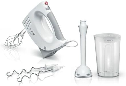 Bosch Handrührer MFQ3540, Handrührgerät, 2 Rührbesen, 2 Edelstahl-Knethaken, spülmaschinengeeignet, 5 Stufen, Pürierstab, Mixbecher, 450 W, weiß