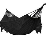 Xuanmuque Double Sized Boho Macrame Black Hammock with Elegant Tassels and Fishtail Knitting 485Lbs Includes Tie Ropes and Black Drawstring Bag for Women