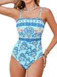 CUPSHE Women Swimsuit One Piece Square Neck Cutout Back Swimming Costume Tummy Control with Adjustable Spaghetti Straps Bathing Suit Swimwear Sky Blue/Paisley M