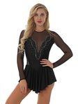 Freebily Women Adult Shiny Rhinestones Figure Ice Skating Dress Long Sleeve Roller Skating Lyrical Dance Costume 02BK XL